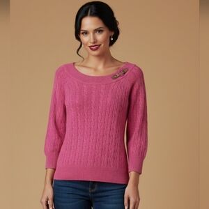 Lauren Ralph Lauren Hot Pink Viscose Cable Knit 3/4 Sleeve Sweater, L